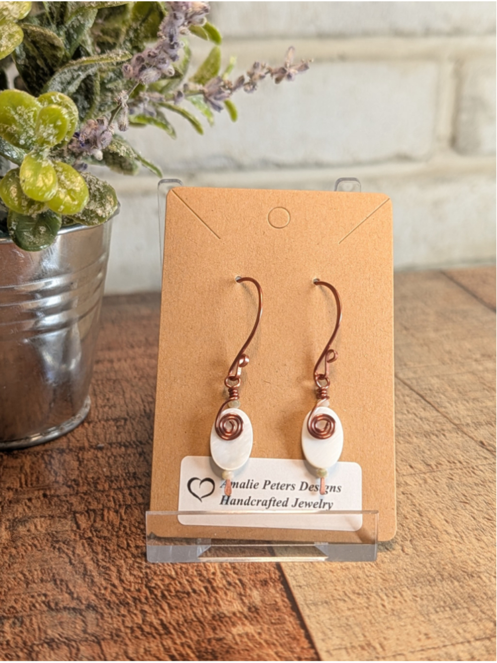NEW Artisan Copper Coiled Wire Wrapped Mother of Pearl Coin Drop Dangle Earrings
